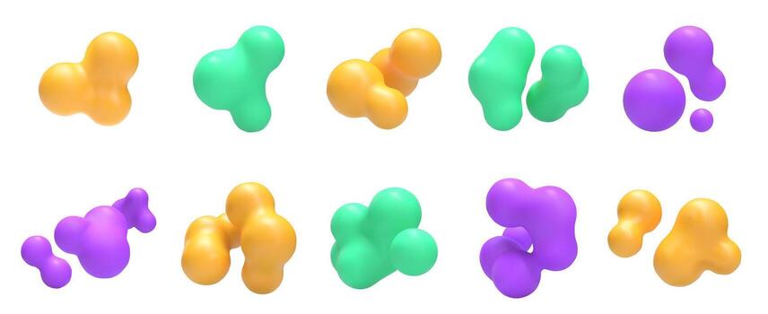 Liquid 3D blob shapes. Abstract organic forms with smooth gradient, fluid blobbed metaball spheres renders and digital amorphous blobby shape elements isolated set vector