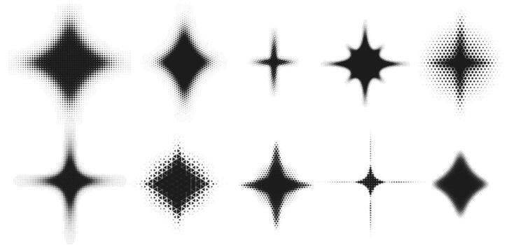trama de semitonos Chispa - chispear formas resumen Starburst y brillante brillar efecto, punteado degradado ligero destello, retro cómic trama de semitonos explosión y brillante brillar estrella dotwork íconos conjunto vector