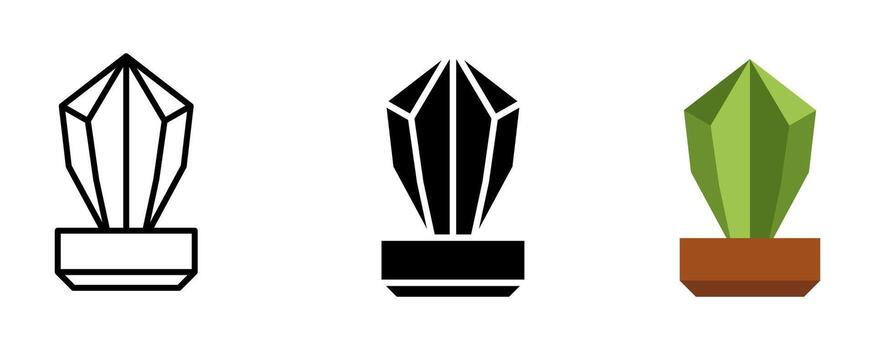 Cactus icon set. This image features a minimalist representation of a cactus plant in a pot, showcased in outline, solid, and glyph styles. It is a simple geometric design. vector