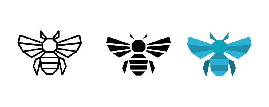 Bee icon set. Geometric flat style design of bee insect in outline, filled and colored versions. Simple and elegant bee icon suitable for various design needs. vector