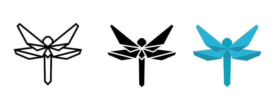 Dragonfly icon set. Geometric illustration of a dragonfly insect with a unique and modern design, presented in outline, solid black, and colored flat styles. vector