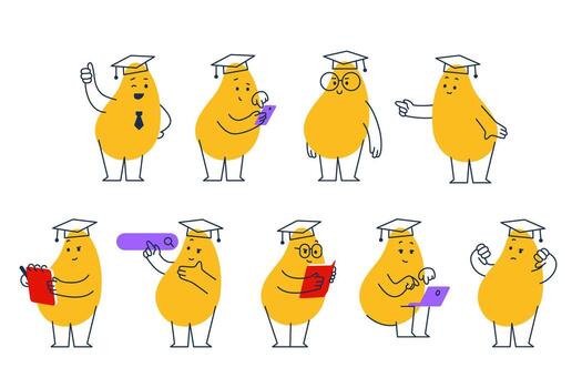 resumen caracteres. geométrico cómic criatura emociones gracioso cara negocio equipo avatar con libros, computadora portátil, cuaderno. colocar. diferente formas para aprendizaje y enseñando vector