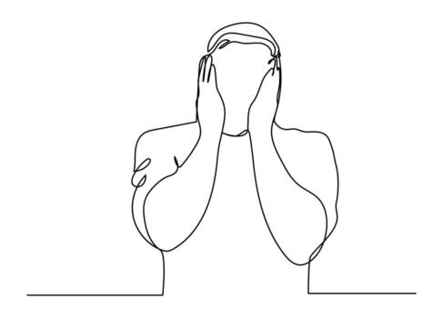 continuo uno línea Arte de conmocionado hombre minimalista lineal bosquejo aislado en blanco antecedentes. vector