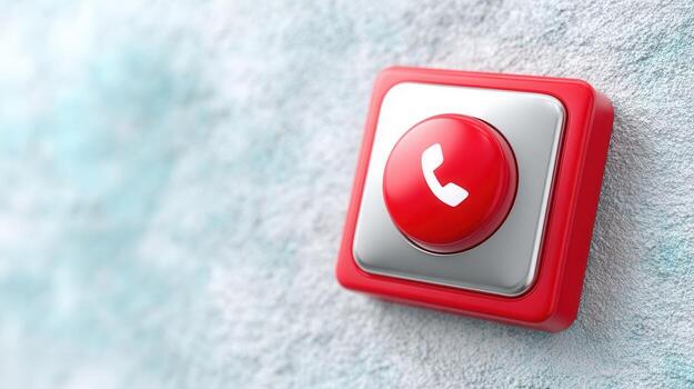 Emergency phone button glowing red, mounted on white window wall blurred with behind photo