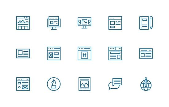 Blog presentando 15 íconos en regular línea diseño bien estructurado íconos para creativo utilizar vector