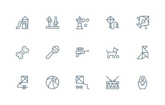 Toy Design Icons featuring 15 in Regular Line Style UI Icon Set vector