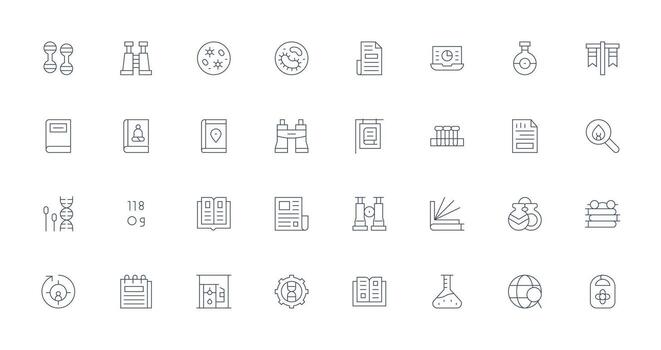 32 Research Icons in Thin Line Aesthetic Minimal Icon Set for Interface Projects vector