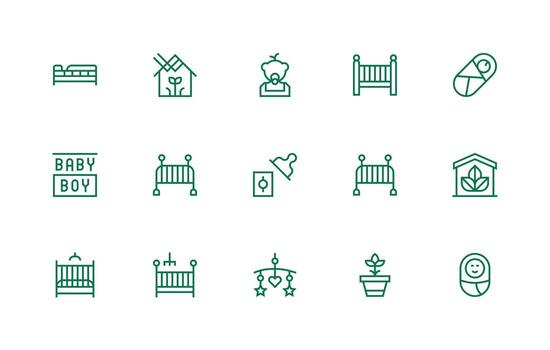 Nursery Design Icons featuring 15 in Regular Line Style Icon Pack for UI vector