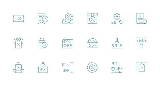 Price Reduction Design Icons featuring 18 in Minimal Line Style Quick Access Icons for UI Development vector