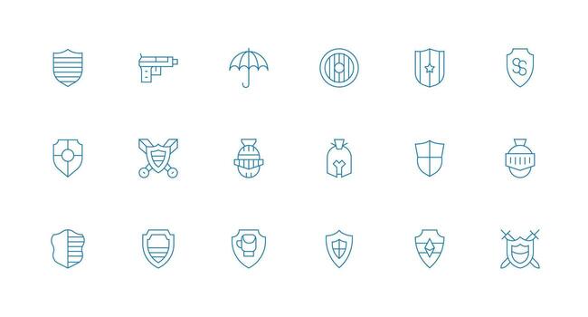 Defense Mechanism Design Icons featuring 18 in Minimal Line Style Clean Icon Collection for Web Use vector