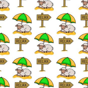 sin costura modelo presentando adorable dibujos animados oveja relajante debajo playa paraguas con relajarse señales, creando un alegre verano onda. vector