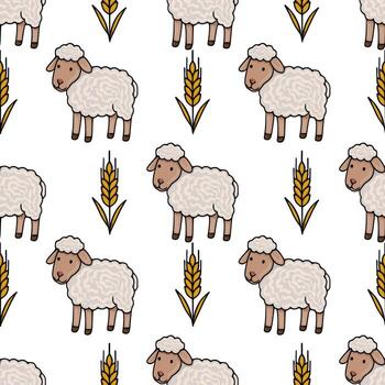 Seamless pattern featuring adorable cartoon sheep and golden wheat stalks on a white background, creating a charming and rustic illustration perfect for textile designs or farm themed projects. vector