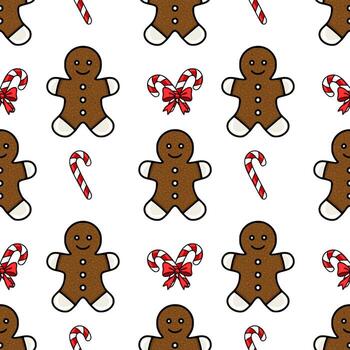 Seamless pattern with charming gingerbread men and candy canes, featuring a textured brown gingerbread design and tied candy canes with red bows, perfect for festive backgrounds and wrapping... vector