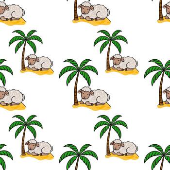 sin costura modelo presentando adorable dibujos animados oveja descansando debajo lozano palma arboles en un arenoso isla, creando un caprichoso tropical escena. vector