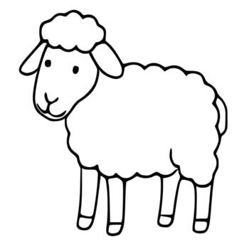Adorable illustration of a cartoon sheep, characterized by its simplistic design with bold outlines and a fluffy, cloud like wool texture. vector