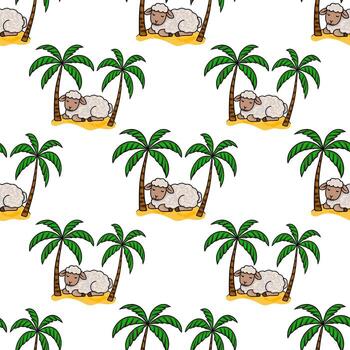 un caprichoso sin costura modelo presentando dormido oveja anidado entre vibrante palma arboles en un arenoso playa, creando un juguetón tropical paraíso. vector