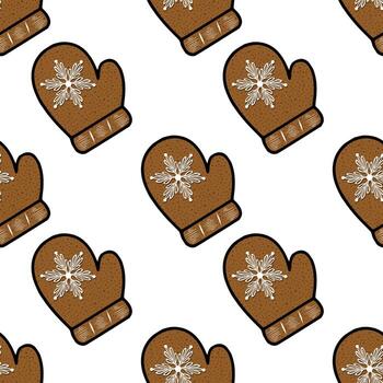 Seamless pattern of brown mittens with snowflake design, perfect for winter themed projects and festive backgrounds. vector
