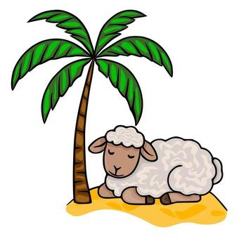 A whimsical illustration of a serene sheep resting under a palm tree on a sandy island, showcasing a unique cartoon style with bold outlines and vibrant colors. vector