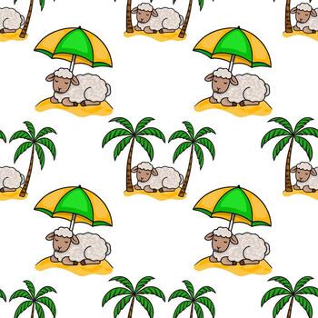 sin costura modelo de linda dibujos animados oveja relajante debajo playa paraguas en tropical islas, rodeado por palma árboles, creando un juguetón verano vacaciones onda. vector