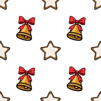 sin costura modelo presentando encantador dorado campanas con rojo arcos y estrella conformado pan de jengibre galletas, creando un festivo y alegre Navidad diseño. vector