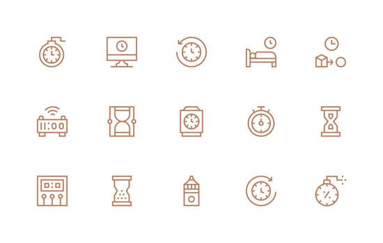 reloj presentando 15 íconos en regular línea diseño simplificado icono paquete para visual herramientas vector