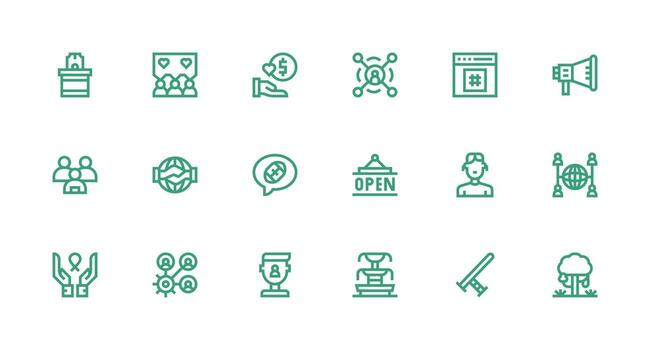 Community Icon Set with 18 Strong Stroke Line Graphics All-Purpose Icon Design Pack vector