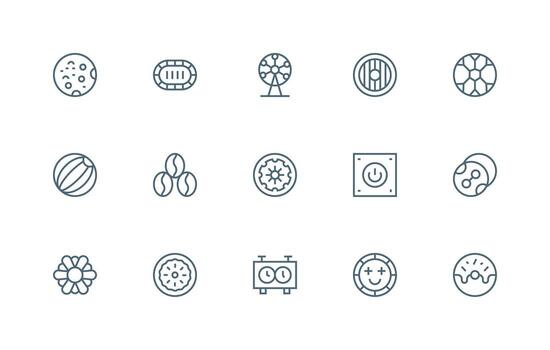 Round Design Icons featuring 15 in Regular Line Style Quick Access Icons for UI Development vector