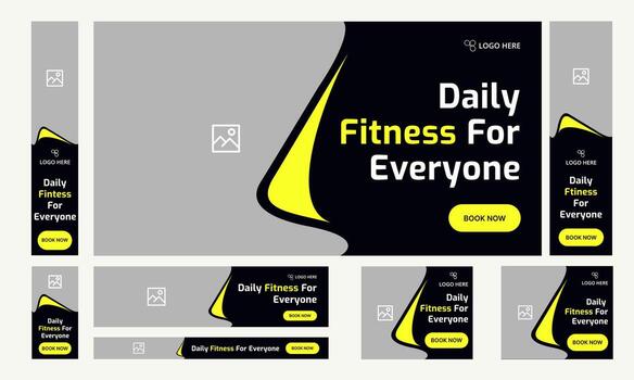 Trendy editable body fitness services web bundle banner design for social media post, daily exercise methods web set banner design, fully customizable eps 10 file format vector
