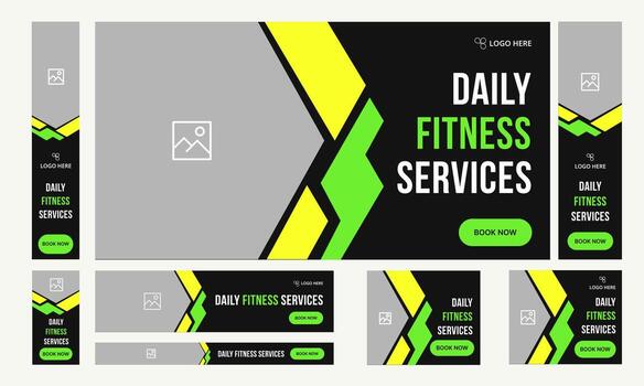 Customizable trendy body fitness services web bundle banner design for social media post, daily exercise methods web set banner design, fully customizable eps 10 file format vector