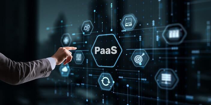 Hand pressing button on interface PaaS, Platform as a Service. Internet and networking concept photo