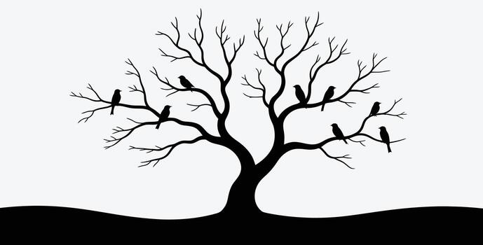 Silhouette tree with birds on branches simple and artistic image vector