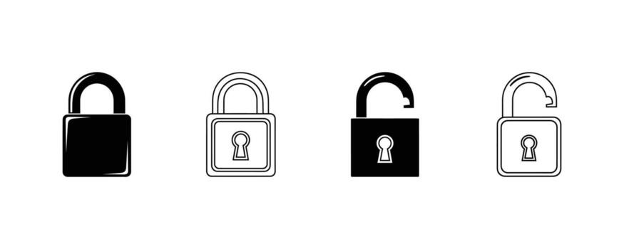 Set of four padlock icons showing locked and unlocked states in different styles vector