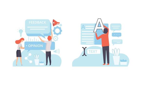 People Creating Digital Content, Client Service Feedback, Technology Process of Software Development Flat Illustratio vector