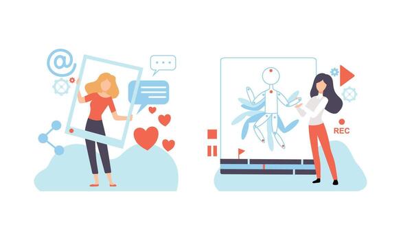 People Creating Digital Content, Technology Process of Software Development, Social Media Marketing Businessman Working on SEO Optimization, Flat Illustration vector