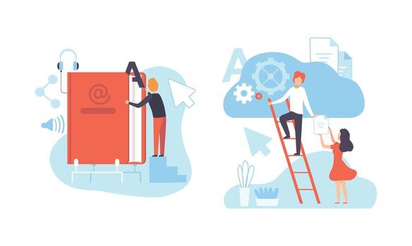 Digital Content Creating, Technology Process of Articles and Media Materials Uploading Flat Illustration vector