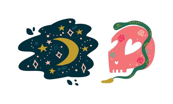Snake, Skull and Starry Sky as Witchcraft Object for Spells and Performing Magical Rituals Set vector