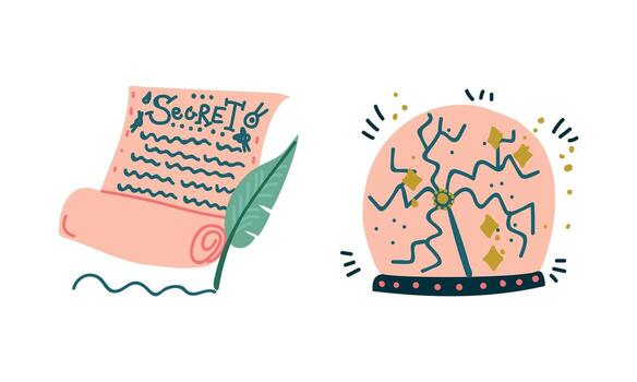 Crystal Ball and Scroll with Quill as Witchcraft Object for Spells and Performing Magical Rituals Set vector