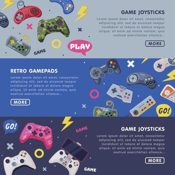 Retro Gamepads Web Banners Set, Game Joystick Landing Page Templates Design Illustration vector