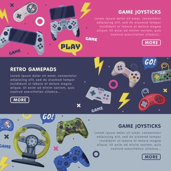 retro mandos aterrizaje página plantillas diseño colocar, juego palanca de mando horizontal pancartas con espacio para texto y consola juego controladores ilustración vector