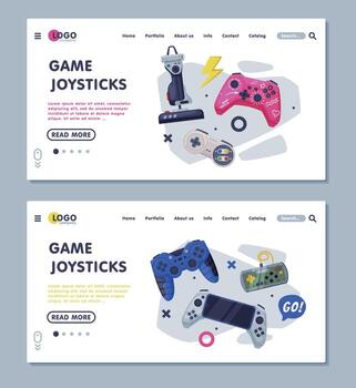 juego palanca de mando aterrizaje página plantillas colocar, mandos controlador consolas web pancartas, juego de azar industria concepto ilustración vector