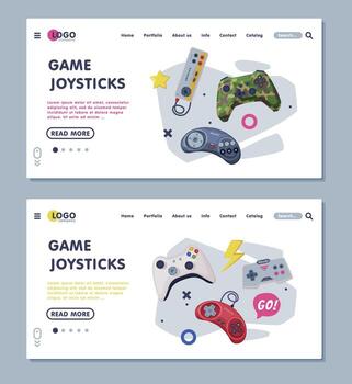 Game Joystick Landing Page Templates Set, Gamepads Controllers Web Banners Illustration vector