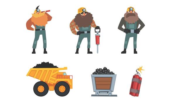 Coal and Ore Mining Industry with Bearded Man Miner and Rail Trolley Set vector
