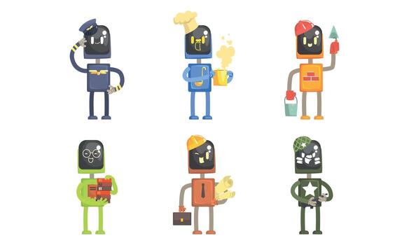 Robot of Different Professions Set, Pilot, Cook, Builder, Librarian, Architect, Soldier Cartoon Illustration vector