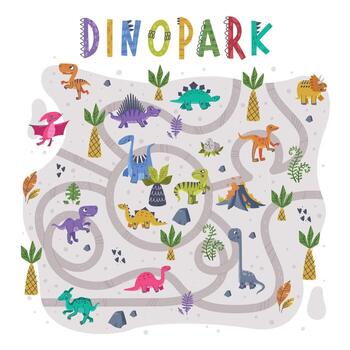 dino parque laberinto o laberinto juego con gracioso dinosaurios y retorcido camino conjunto vector