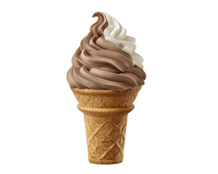 Chocolate vanilla soft serve ice cream cone with swirled creamy texture, crispy waffle cone, and delicious dessert appearance, isolated on transparency background png