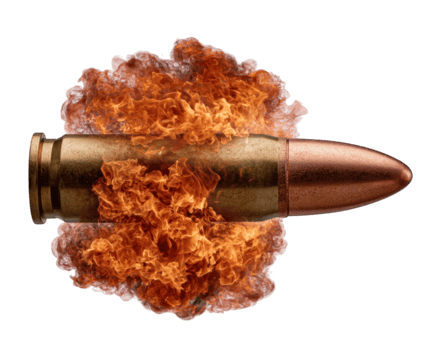 Bullet with fire effect straight side view isolated on transparency background dramatic explosion metallic texture dynamic energy intense action realistic detail png