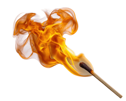 Burning matchstick with bright orange flame and swirling smoke, isolated on transparency background, showing intense heat and dynamic movement, perfect for concepts of ignition and energy png