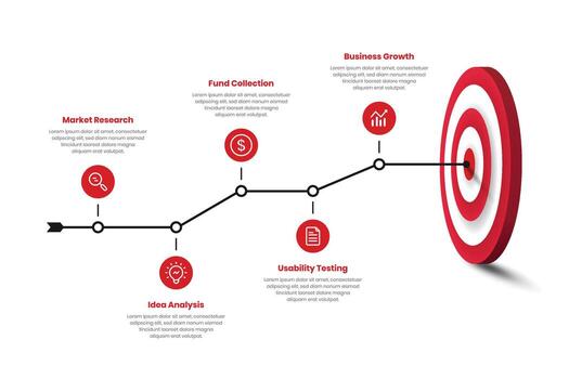 Business strategy, goal and progress representative minimalist target infographic template design with arrow vector