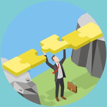 3d isométrica plano ilustración de negocio trato, empresario resolviendo rompecabezas puente para éxito en negocio vector