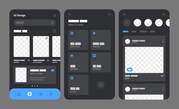 Flowchart with UI Kit elements. Mobile app concept for social media, online store, hotel reservation. Wireframes screens. vector